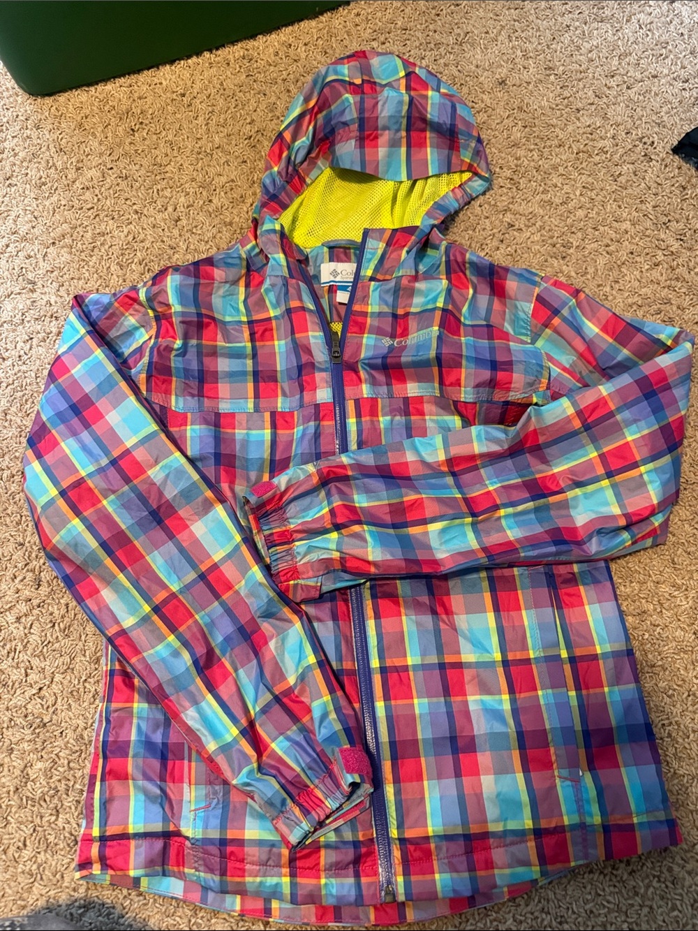 Columbia Girls' Bright Plaid Hooded Windbreaker with Neon Yellow Lining